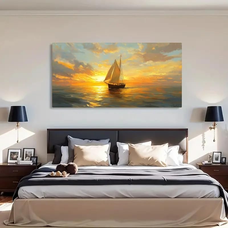 Voilier au coucher du soleil tableau sur toile décoration murale abstraite 40x80