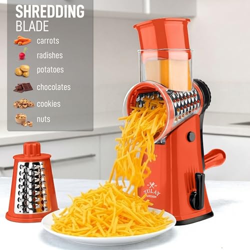 Zulay Kitchen Rotary Cheese Grater 5 Blade Cheese Shredder - Manual Hand Crank Cheese Grater With Reinforced Suction & 5 Interchangeable Drums - Easy to Use, Vegetable Chopper Round Mandoline Slicer by Zulay Kitchen - Image 3
