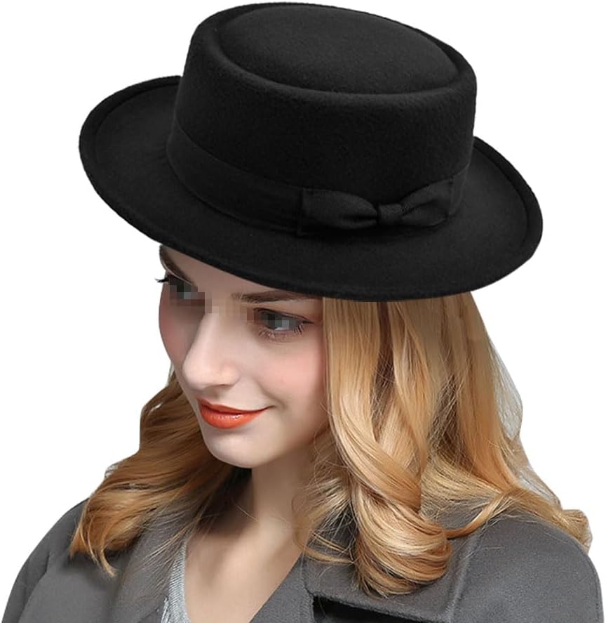 Pork Pie Hat for Men Women Felt Boater Porkpie Cap Flat Top Fedora Hat Derby Cap (Black Head Circumference 22-22.8 inch) - Image 5