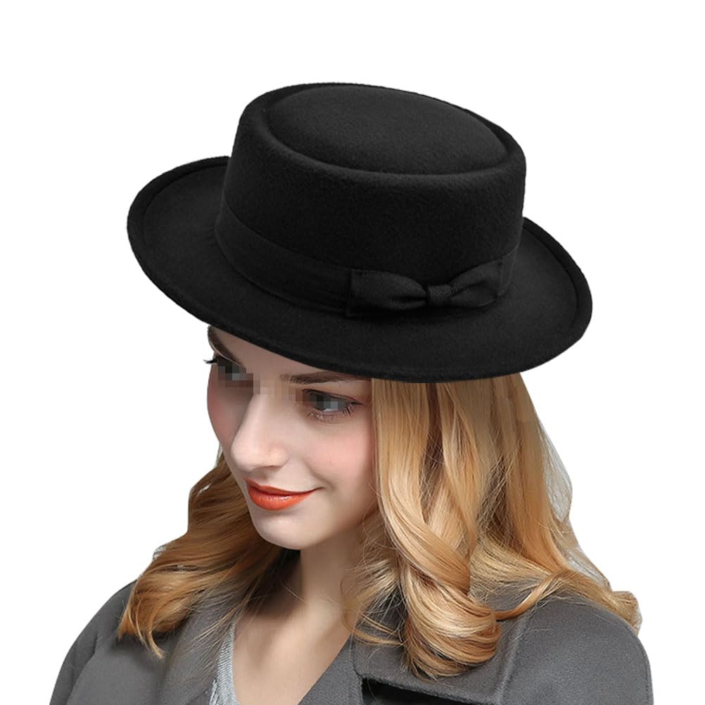 Chapeau de Pork Pie pour Homme et Femme - Casquette de Bateau en Feutre à Dessus Plat - Chapeau Fedora Derby (circonférence de la 56 à 58 cm)