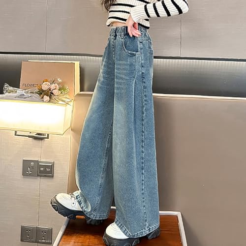 Girls Flare Denim Pants Side Smock Elastic High Waist Baggy Wide Leg Jeans Kids Casuall Trousers4