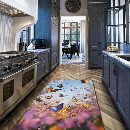 Tapis papillon fleurs 160x200cm lavable grand format multicolore pour salon élégant
