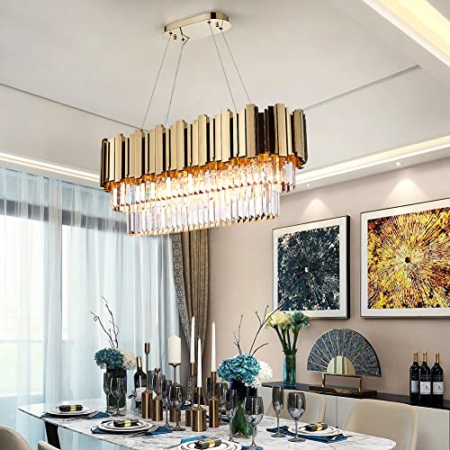 Dunfizz Modern Crystal Chandelier, L35.4 X W11.8 Ceiling Pendant Light, Luxury Contemporary Gold Chandeliers For Living Room, Kitchen Island, Living Room #TOP5