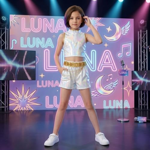 Image of Wanna Party Korean Pop Inspired Demon Hunterz Rumi Iridescent Costume Set for Girls (Size L, Age 6-8 Years) | Holographic Top, Shorts, Belt & Chain Party Outfit