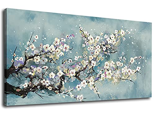 Flowers Wall Art Plum Blossom Canvas Art Botanical Floral Canvas Pictures Grey Blue Canvas Artwork For Bedroom Living Room Bathroom Kitchen Office Home Wall Decor Framed Ready To Hang 20" X 40" #TOP10