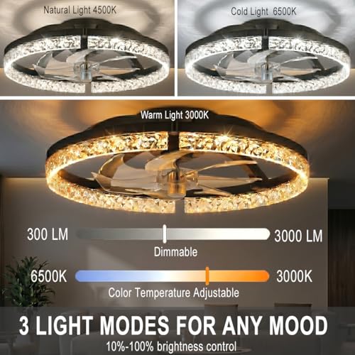 24" Ceiling Fan with Light, Flush Mount, Remote Control, Black - image 2