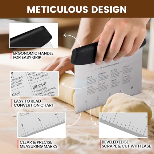 SCHVUBENR Dough Scraper Set with 2 Flexible Bowl Scrapers - Stainless Steel Dough Cutter & Bench Scraper with Measuring Scale - Versatile Kitchen Scraper for Bread, Pastry, Pizza, Cake - Black & Blue - Thumbnail 2
