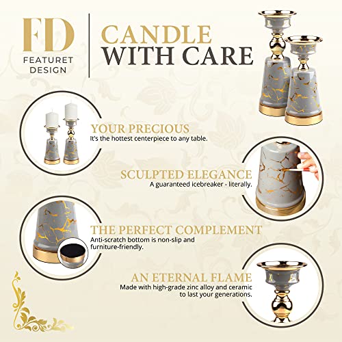 Gray And Gold Pillar Candle Holders Set Of 2 - Elegant Decorative Stands For Table Centerpiece - Sturdy And Rust-Resistant Zinc Ceramic Base For Dining Room, Living Room, Bedroom, Home Decor Accents #TOP3