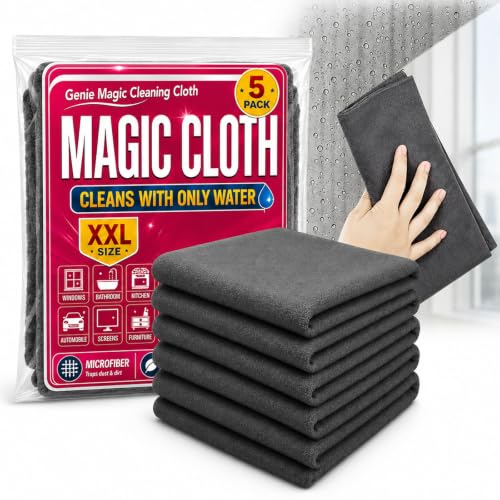 Genie Magic Cleaning Cloth 5 Pack XXL Microfiber Magic Cloth for Stainless Steel Glass Mirrors Windows Kitchen Bathroom Car & Screens Reusable Lint Free Streak Free Cleaning Towels (5 PCS)