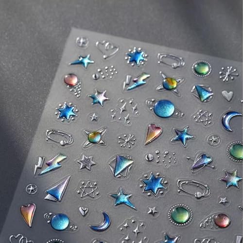 Image of 5D Embossed Star Nail Art Stickers Crystal Soft Glue Nail Stickers Blue Ombre Designs Nail Decals Supplies Self Adhesive DIY Manicure Acrylic Decoration Accessories