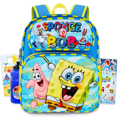 Conjunto de mini mochila Bob Esponja – Pacote com bolsa pré-escolar de 30,5 cm, garrafa de água, adesivos, mais | Mini bolsa de mochila Bob Esponja para crianças, meninos e meninas