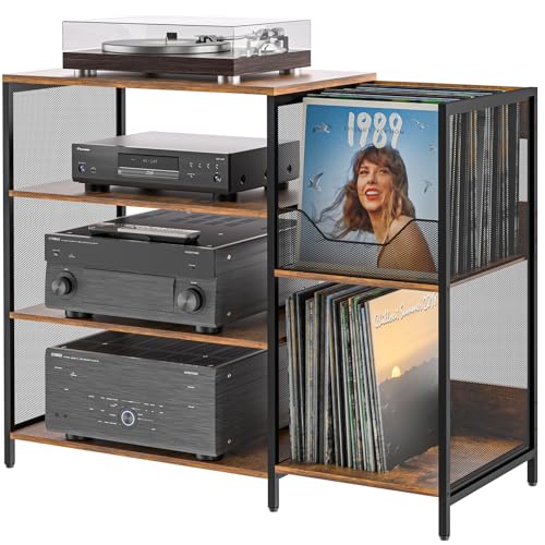 Cottage Charm Large Record Player Stand Table with Vinyl Record Holder Up to 150PCS, AV Media Stand Stereo Cabinet Shelf Rack Tower with Storage, Sturdy, Adjustable Feet, Rustic, Large Capacity