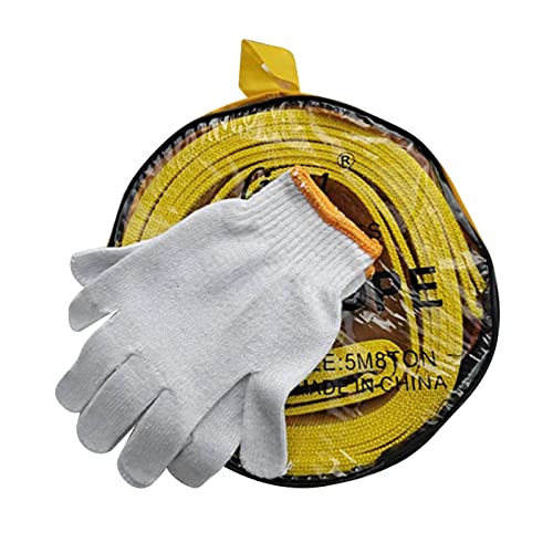 Yctze Duty Car Towing Rope 5M 8T Capacity Polyester Strap with Reflective Design & Metal Hooks for Emergency Roadside Assistance (Yellow and Gloves)