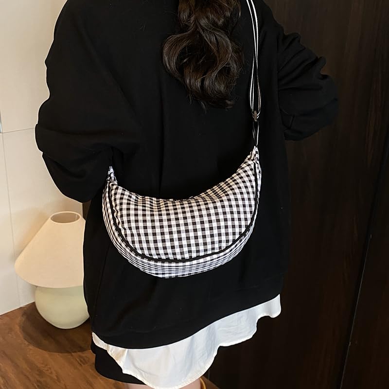 Checkered Crescent Bag Nylon Crossbody Bags for Women Sling Bag with Checkered Dumpling Shoulder Bags Moon Purse4