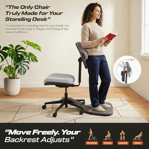 Image of DROGO Stance 5-in-1 Standing Mate Chair, Ergonomic Office Chair for Standing Desk | Sit-Stand-Leaning Perch Chair with Anti-Fatigue Mat | Flip Backrest, Adjustable & Dynamic Posture Support(LightGrey)