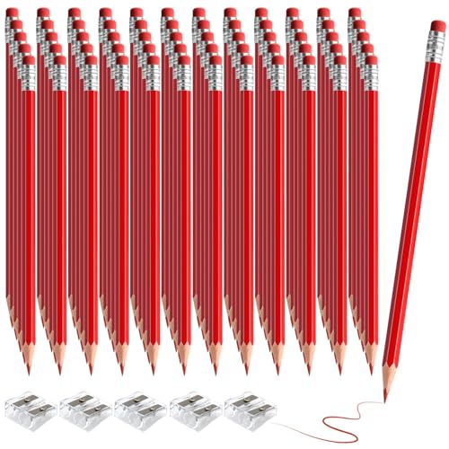 sqzrmdcg 60 PCS Red Pencils Bulk Erasable Colored Pencils with Eraser Pre-Sharpened 2 HB for Checking, Grading, Tests & Office/School Supplies (Red)