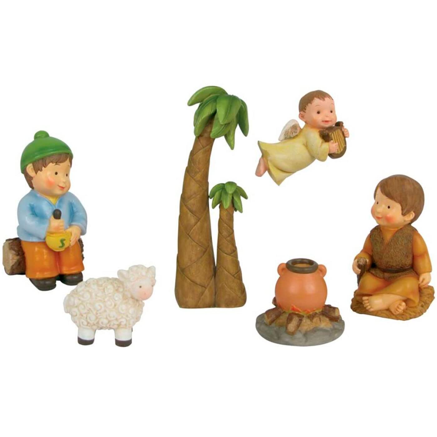 AC - Set de 5 Figuras anunciación Naïf para belén navideño, marmolina, 2 Campesinos, ángel, Palmera, Oveja y fogata, decoración Nacimiento, 8 cm