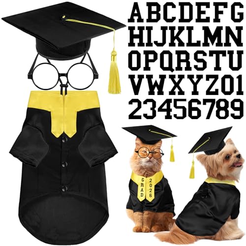 Huhumy 5 Pcs Dog Graduation Costume Set Include 2026 Pet Graduation Gown with Stole Puppy Grad Cap Lensless Glasses DIY Letter Stickers for Dogs Cats Holiday Costume Accessory(Black Yellow S)