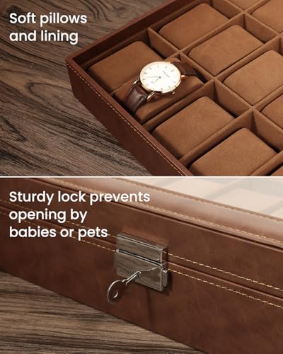 Uten Uhrenbox mit 24 Fächern, Uhrenbox mit Schlüsselschloss, Glasabdeckung, Uhrendisplay Aufbewahrungsbox für Damen und Herren, Braunes PU, Braunes Samtfutter, Geschenkidee