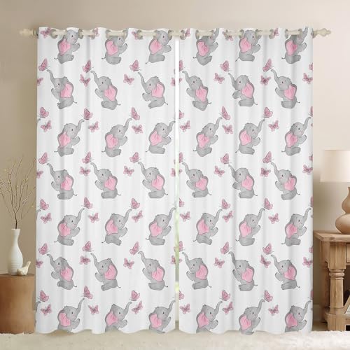 Feelyou Cute Elephant Curtains for Bedroom Living Room, Cartoon Little Elephant Butterflies Darkening Drapes, Animal Print Decor Blackout Curtains Grey Pink Window Treatments (2 Panels, 42 x 84 Inch)