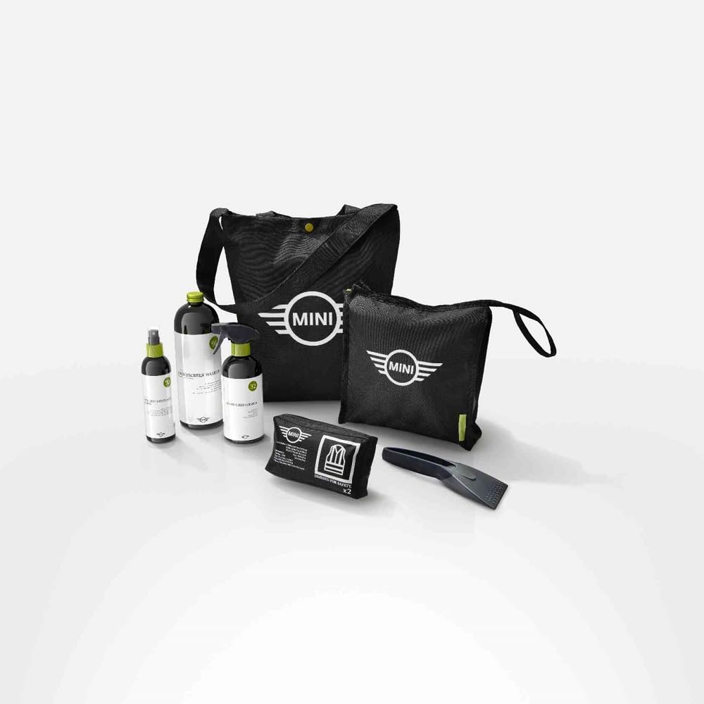 MINI Car Care Set Scheibenklar Felgenreiniger Cockpitpflege Eiskratzer Tasche + Einkaufschip