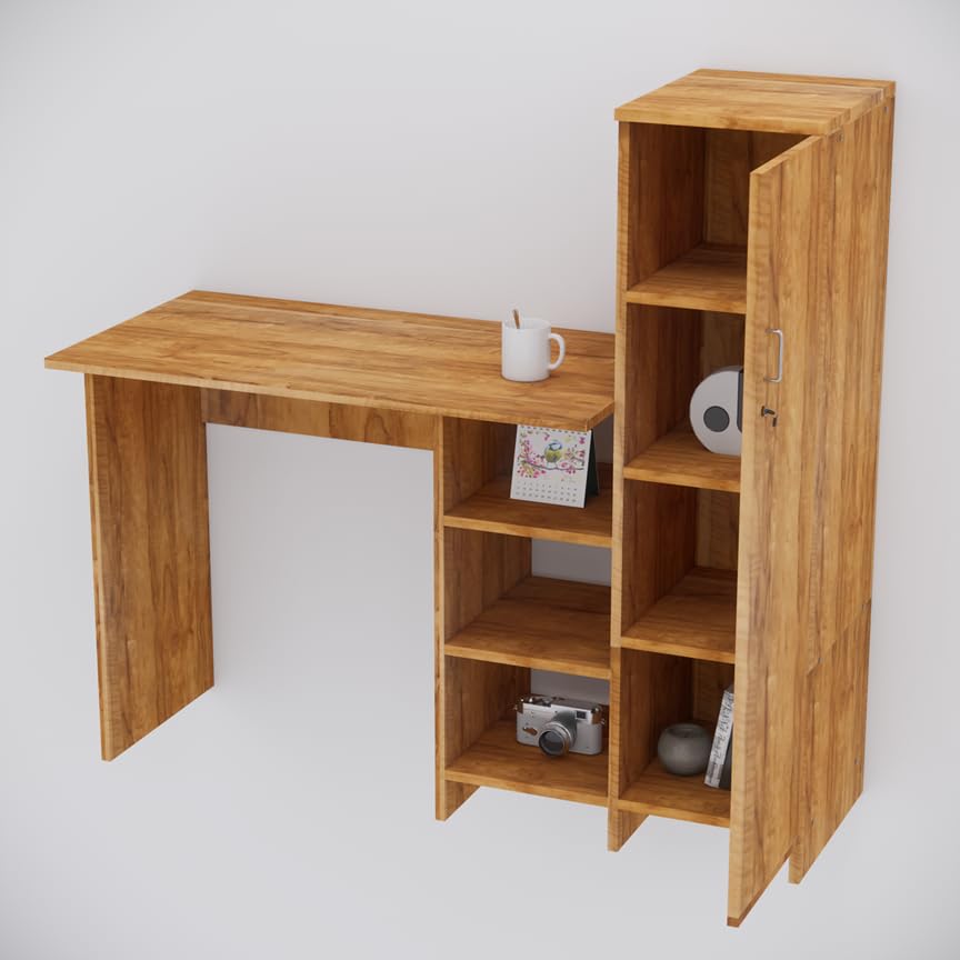Image of SPECIALITY PANELS Multipurpose | Hutch Desk | Study Table | Engineered Wood | Termites Resistance | 3, 4 Shelves with Door & Beautiful Aluminium Silver Metal Handle in CochWood Dark