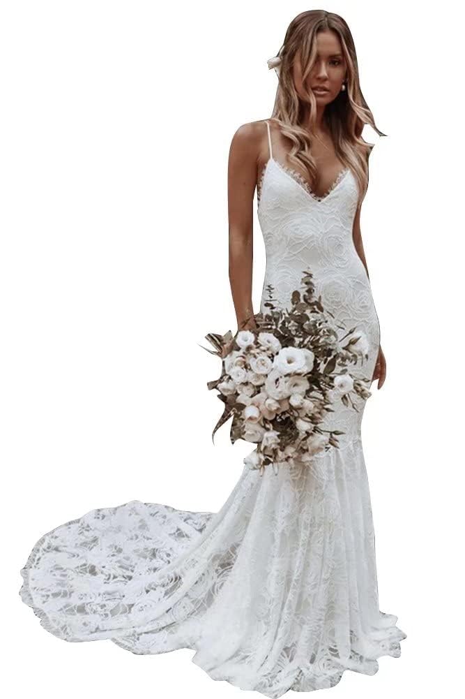 YIANN Vestido de novia con tirantes delgados y cuello en V para novia, vestido de novia de encaje bohemio con cola