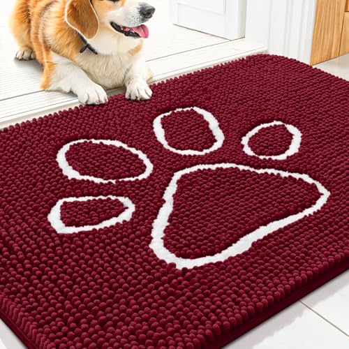 Image of Smiry Dog Door Mat for Muddy Paws, Absorbent Dirt Trapper Non Slip Quick Dry Washable Chenille Mat for Mud Dogs, Entry Rug for Indoor and Outdoor (30x20 Inches, Burgundy and White)
