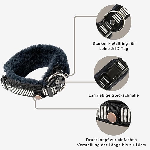 Chris innovatives Hundehalsband aus Lammwolle, Halsband vermindert erheblich Haarbruch, gepolstert, reflektierend, verstellbar, für kleine mittel große Hunde in M (35-45cm)