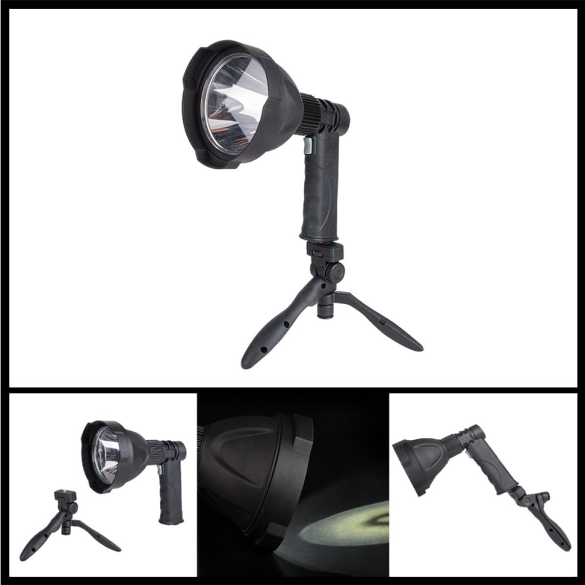 Torcia LED Portatile Ricaricabile 4000 Mah con Supporto Triangolare | Tre Modalità di Illuminazione, Fascio Regolabile, Corpo Nero in Pvc, Uso per Caccia e Campeggio