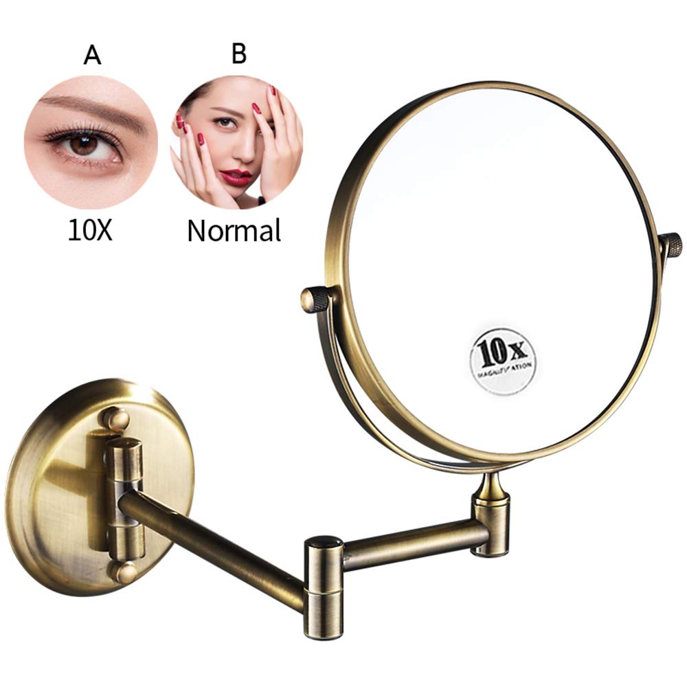 Espejos de maquillaje para baño, 8 pulgadas Montado en la pared Lupa Robusto Doble Cara Ajustable Cosmético Afeitado Vanidad Extensible, Bronce, 10X (Bronce 10X)