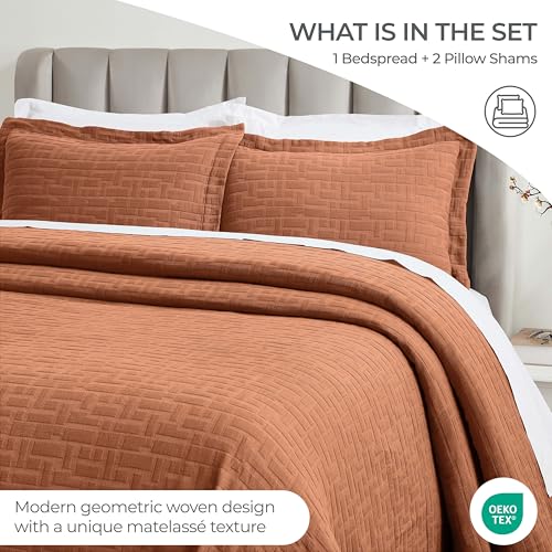 Superior 3 Piece Cotton Bedspread Sham Set, Home Decor, Decorative Bed Spread, 2 Pillow Shams, Medium Weight, Matelasse Coverlet, Bedding Essentials, Madrid Collection, California King, Burnt Orange