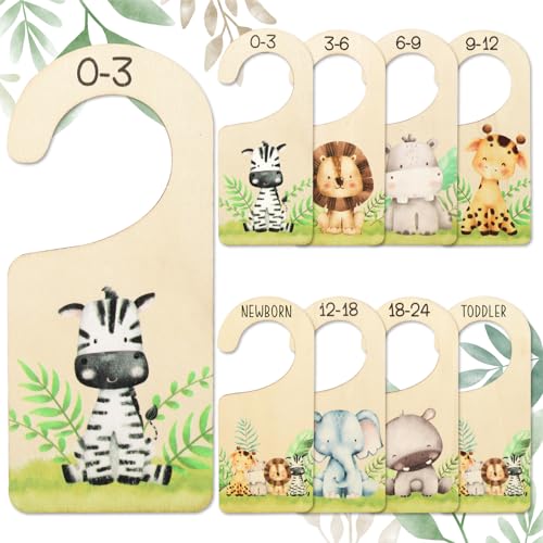 Image of Whaline 8Pcs Baby Closet Size Dividers Watercolor Safari Animals Hanging Wooden Baby Closet Organizer Newborn to 24 Months Thicken Baby Wardrobe Organizer