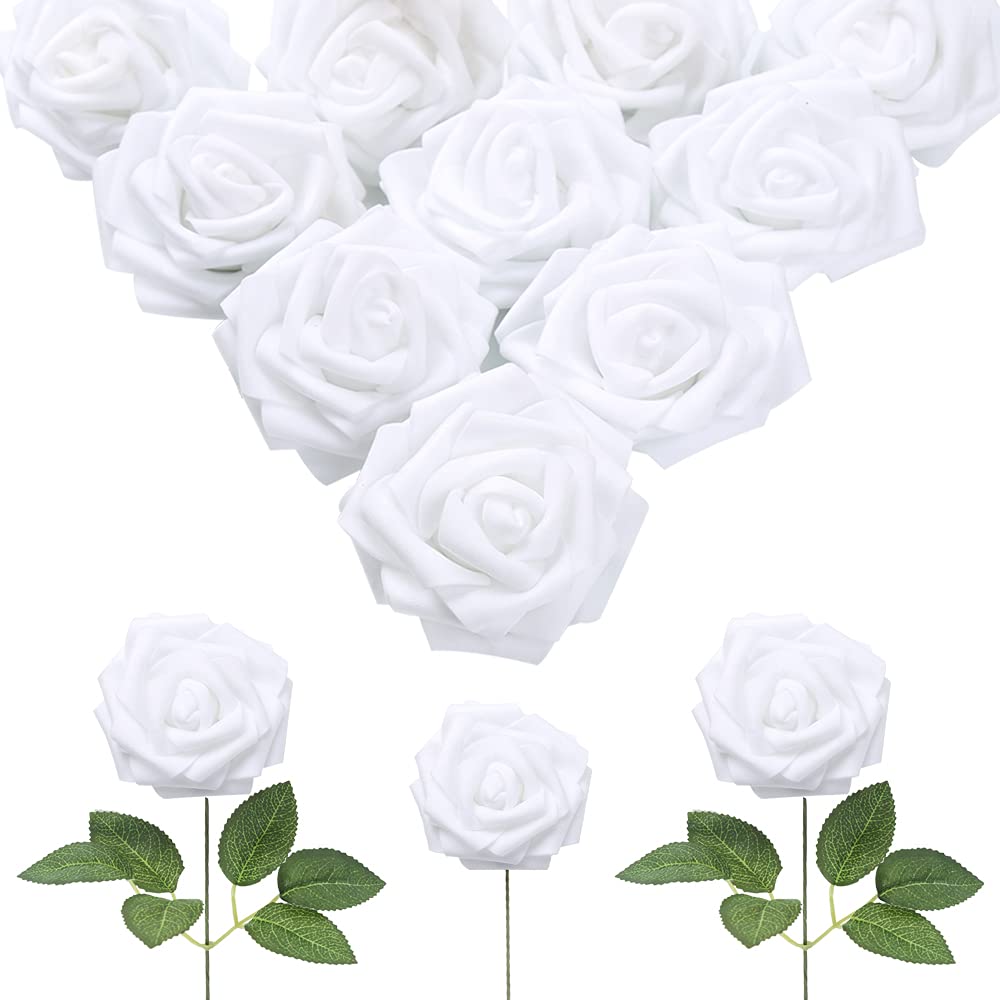 IPOPUIPOPU 3.14in White Roses Artificial Flower 30pcs Foam Flowers for Bridal Shower Wedding Bouquets DIY Centerpieces Arrangements Party Tables Decorations (White)