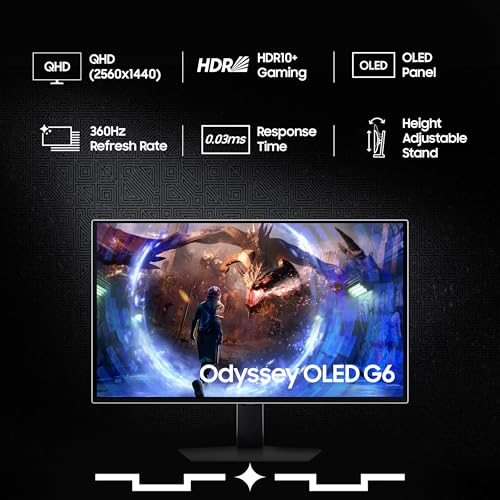 Image of Samsung 67.8 cm (27 inch) Odyssey OLED QHD 2K Gaming, 360Hz, 0.03ms GTG, Height Adjustable, Dynamic Cooling, Sleek Metal Design, Glare Free, AMD FreeSync Premium Pro (LS27DG600SWXXL, Black)