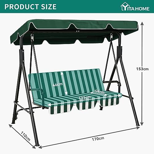 YITAHOME Dondolo da Giardino 3 Posti con Tettuccio Regolabile e Cuscino Rimovibile, 270KG 170x110x153cm Verde