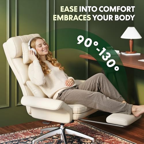 Image of FLEXISPOT Oversized Lounge Chair Indoor with Convertible Seat Width up to 44in Wheels Footrest 180 Flip Armrests, Chairs for Living Room Study Working Relaxing, Scratch-Resistant Leather, Beige White
