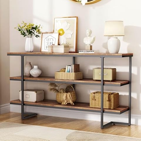 ALLSTAND 55" Console Sofa Table with 3 Tier Storage Shelves, Industrial Entryway Couch Table Behind Sofa for Living Room, Hallway, Foyer, Dinning Room, Bedroom, Easy Assembly, Rustic Brown Cover