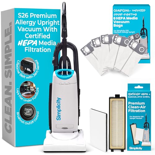 Simplicity Vacuums Upright Vacuum Cleaner Set – Corded Vacuum Cleaner Designed for Carpet & Hard Floor Cleaning With Automatic Height Adjustment, Swivel Steering, Includes HEPA Vacuum Bags, Filter Set