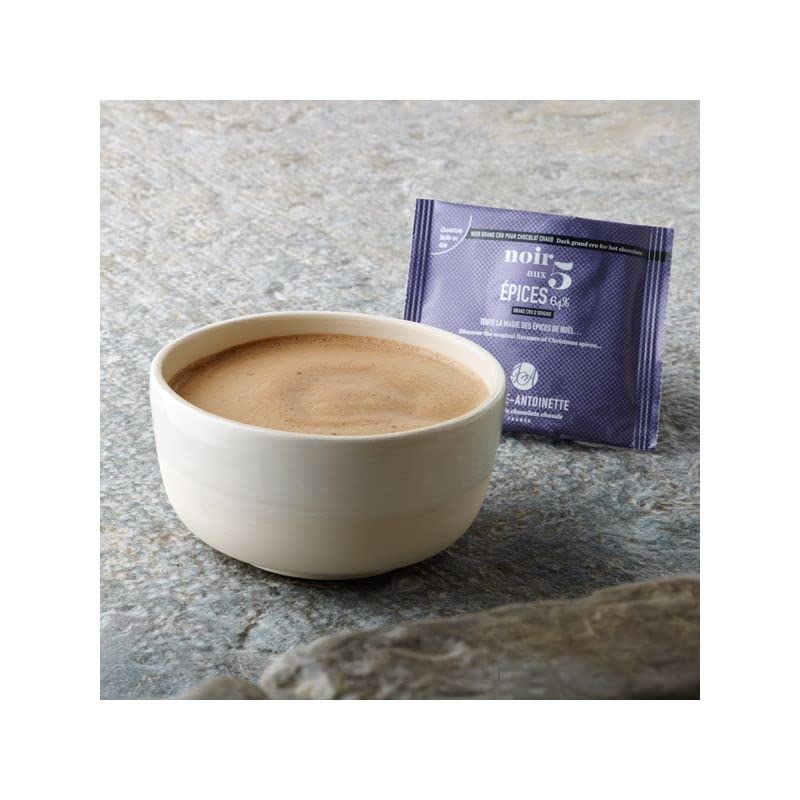JEANNE-ANTOINETTE - Chocolat Chaud - Noir 5 Épices - Noir 68% - Râpé finement - Intense - Copeaux de chocolat - Made In France - 36 Pochons