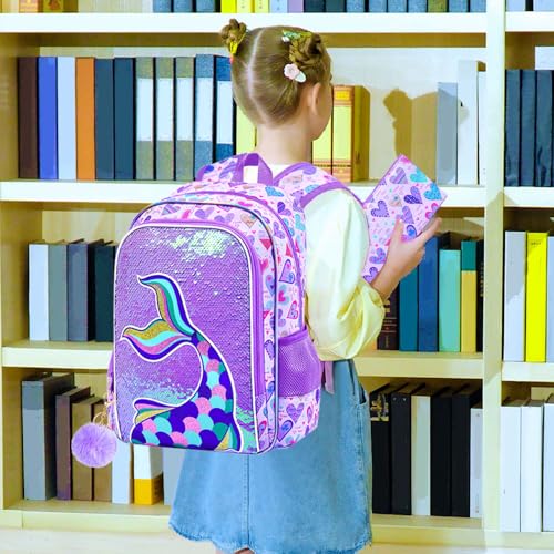 Image of CCJPX 16 inch Mermaid Backpack for Girls, 3Pcs Kids Sequin Bookbag with Lunch Box, Water Resistant Elementary School Bag for Kindergarten Preschool Toddler (Purple)