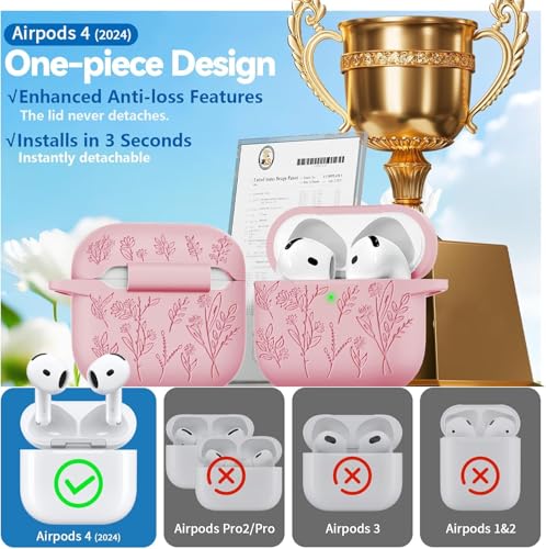 Image of Meyaar Silicone Case for AirPods 4 Floral Embossed, Flower Engraved Soft Silicone Cover with Keychain, Anti-Scratch, Shockproof Protective Case Cover (Pink, for AirPods 4 (2024)