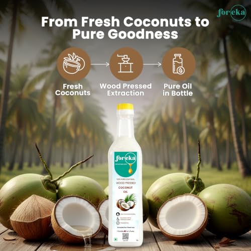 Image of Foreka Virgin Coconut Oil 1L | Cold Pressed, Wood Pressed & Unrefined | Natural Edible Oil for Cooking, Hair & Skin Care | Traditional Chekku /Kolhu Extracted Pure Oil