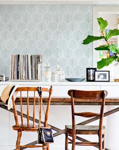 Image of MelunMer Geometric Peel and Stick Wallpaper Boho Green White 17.3''x393'' | Modern Self Adhesive Removable Wallpaper for Bedroom /Bathroom Waterproof, Contact Paper for Cabinets, Drawers Easy to Install
