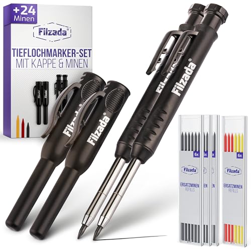 Filzada® 2x Tieflochmarker mit 24 Extraminen - in 3 Farben- Zimmermannsbleistifte mit Köcher/Kappe - Bohrlochmarker - Bleistift Baustelle - Markierstift - Tieflochmarker Bleistift - Markierstifte Filzada® 2x Tieflochmarker mit 24 Extraminen - in 3 Farben- Zimmermannsbleistifte mit Köcher/Kappe - Bohrlochmarker - Bleistift Baustelle - Markierstift - Tieflochmarker Bleistift - Markierstifte