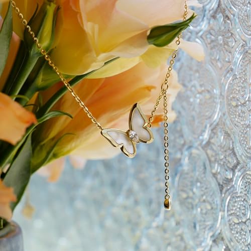 Mylinn 925 Gold-Plated Butterfly Necklace – Mother-of-Pearl Inlay with Delicate Zircon Accent Chain, Layered Design for Daily Elegance, Gold, 1.4cm×1.4cm3