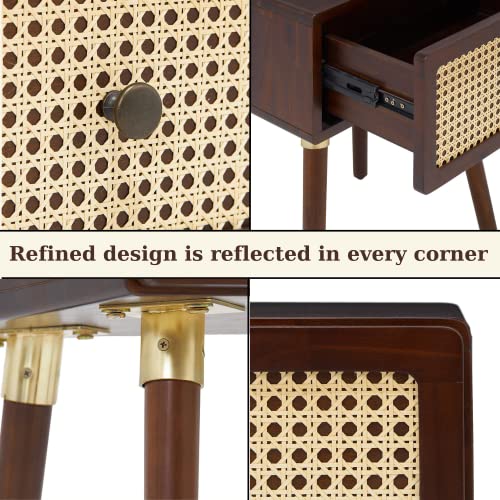 Bme Nipe Solid Wood Rattan Nightstand Boho Accent End Table With Large Storage Drawer, Fully Assembled For Coastal Mid Century Modern Bedroom And Living Room, Walnut #TOP4