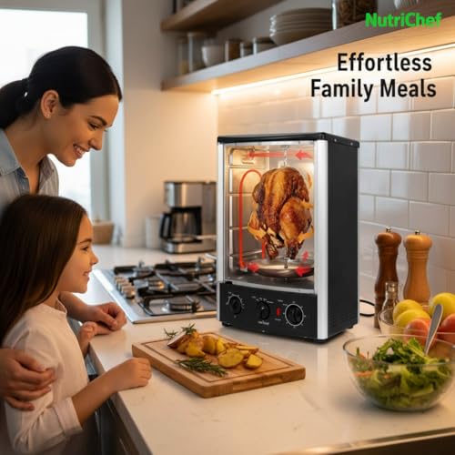 Image of NutriChef Multi-Function Rotisserie Countertop Oven | 24 Quart Vertical Glass Door Convection Oven, for Rotisserie Roasting & Broiling | Timer & Temperature Control | 13.4 x 12.2 x 18.9
