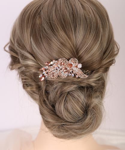 Chargances Vintage Crystal Inlaid Hair Comb Wedding Rhinestone Long Teeth Hair Side Combs Bridal Slide Hairpins Barrettes Hair Accessories for Women Brides (Champagne)
