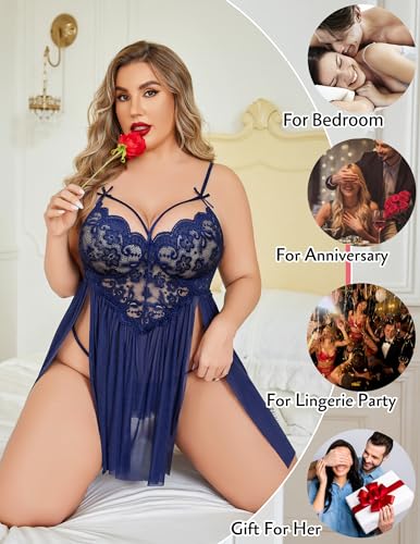 Image of Avidlove Plus Size Lingerie Lace Babydoll Womens Strap Chemise Nightgown V Neck Nighty Mesh Sleepwear Side Slit Nightdress